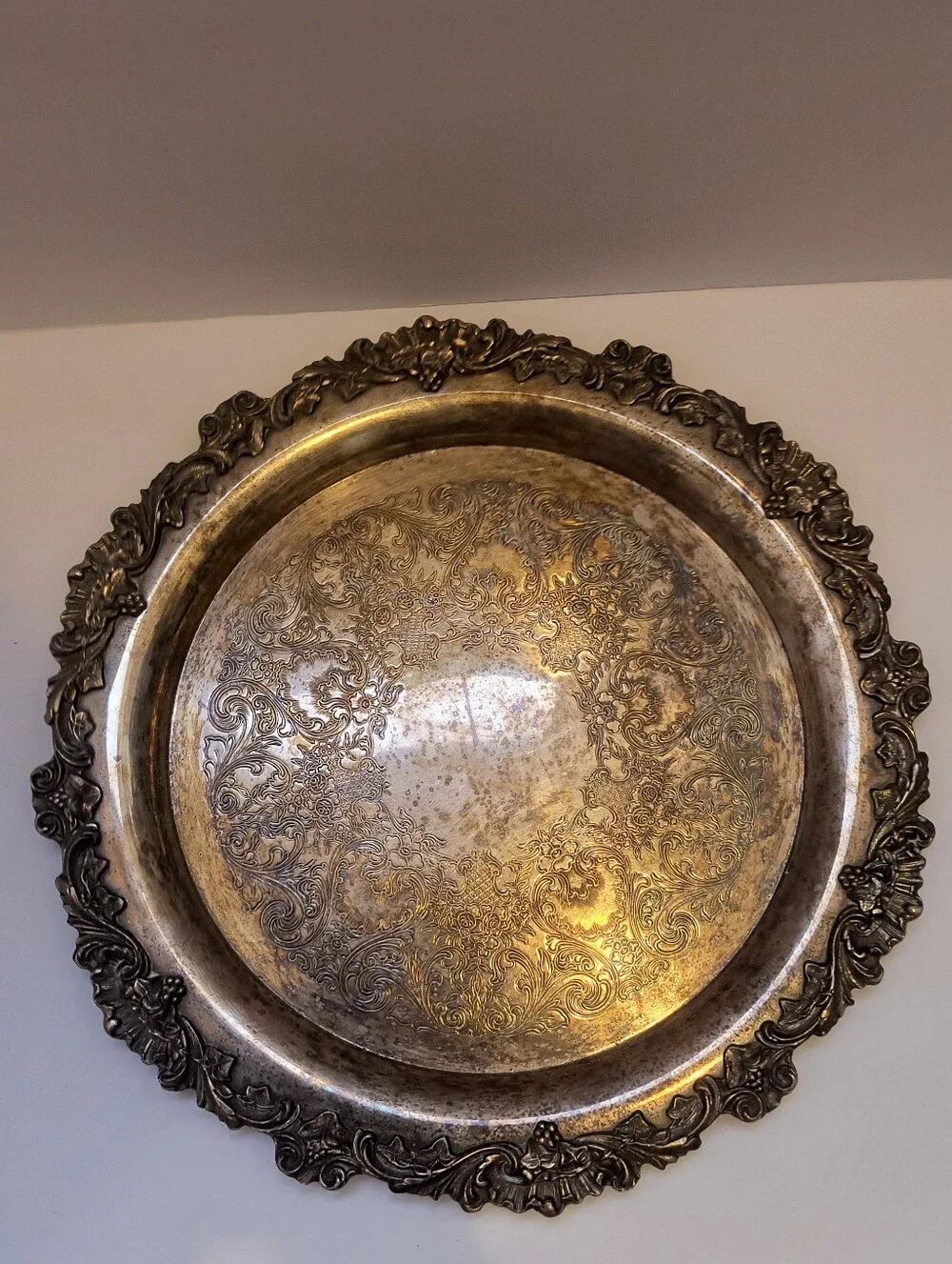 Vintage Wilcox Chased Silverplate Platter 15 Inch Round - Ornate Grape & Scroll